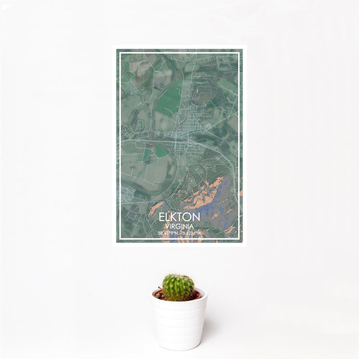 12x18 Elkton Virginia Map Print Portrait Orientation in Afternoon Style With Small Cactus Plant in White Planter