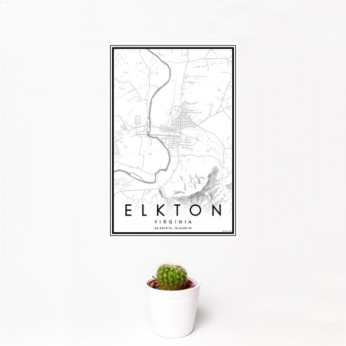 12x18 Elkton Virginia Map Print Portrait Orientation in Classic Style With Small Cactus Plant in White Planter