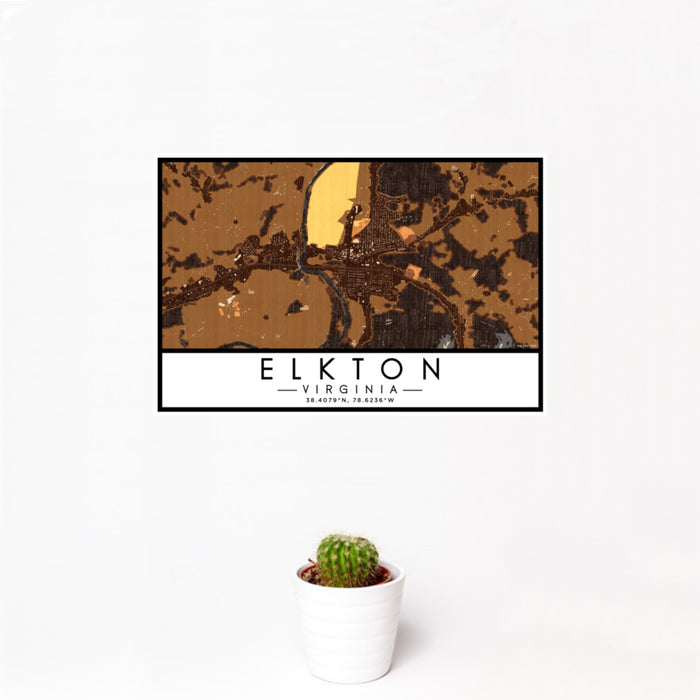 12x18 Elkton Virginia Map Print Landscape Orientation in Ember Style With Small Cactus Plant in White Planter