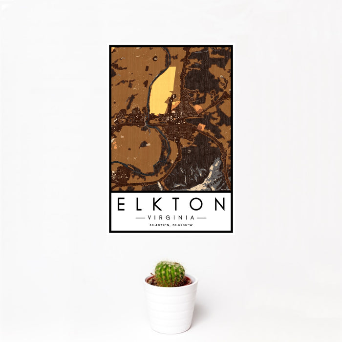 12x18 Elkton Virginia Map Print Portrait Orientation in Ember Style With Small Cactus Plant in White Planter