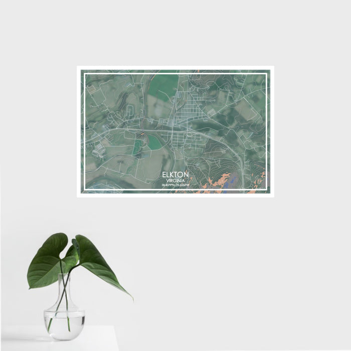 16x24 Elkton Virginia Map Print Landscape Orientation in Afternoon Style With Tropical Plant Leaves in Water