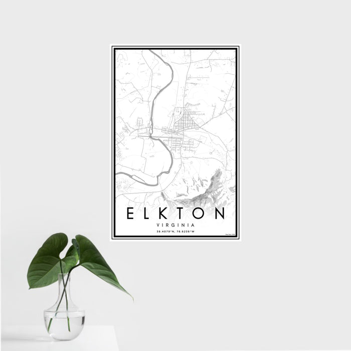 16x24 Elkton Virginia Map Print Portrait Orientation in Classic Style With Tropical Plant Leaves in Water