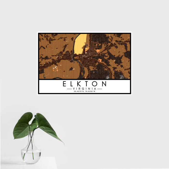 16x24 Elkton Virginia Map Print Landscape Orientation in Ember Style With Tropical Plant Leaves in Water