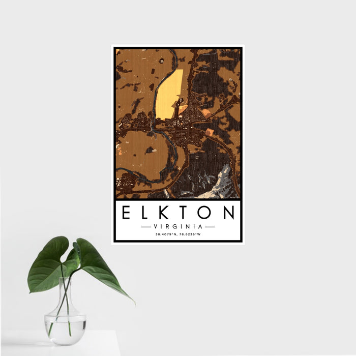 16x24 Elkton Virginia Map Print Portrait Orientation in Ember Style With Tropical Plant Leaves in Water