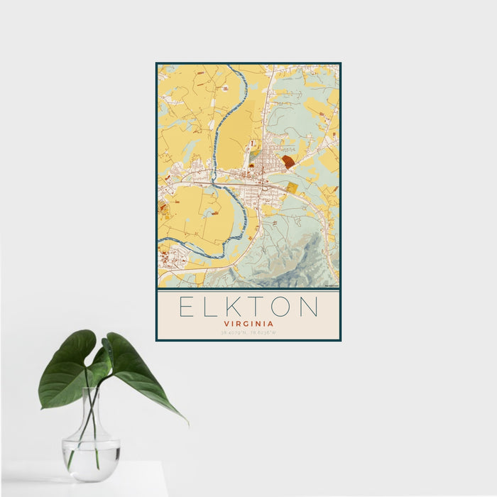 16x24 Elkton Virginia Map Print Portrait Orientation in Woodblock Style With Tropical Plant Leaves in Water