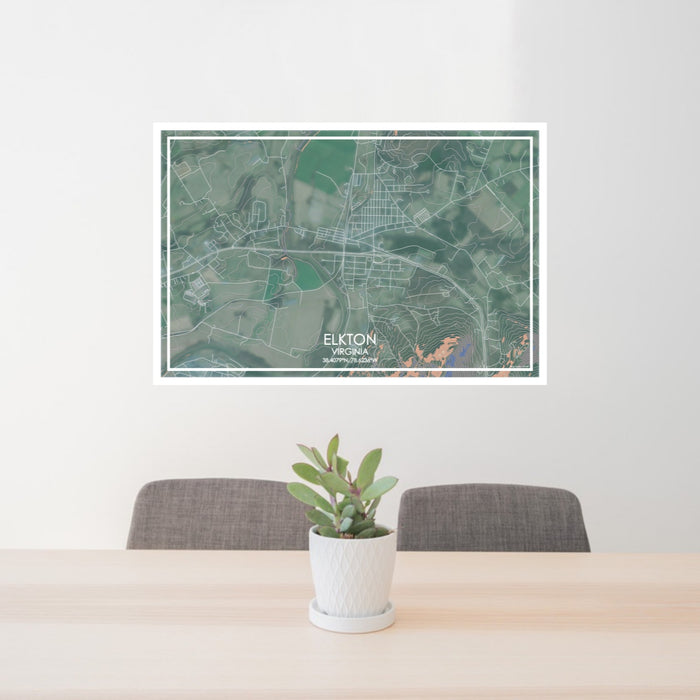 24x36 Elkton Virginia Map Print Lanscape Orientation in Afternoon Style Behind 2 Chairs Table and Potted Plant