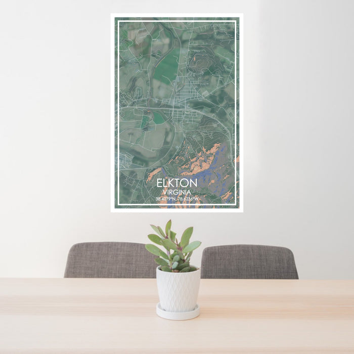 24x36 Elkton Virginia Map Print Portrait Orientation in Afternoon Style Behind 2 Chairs Table and Potted Plant