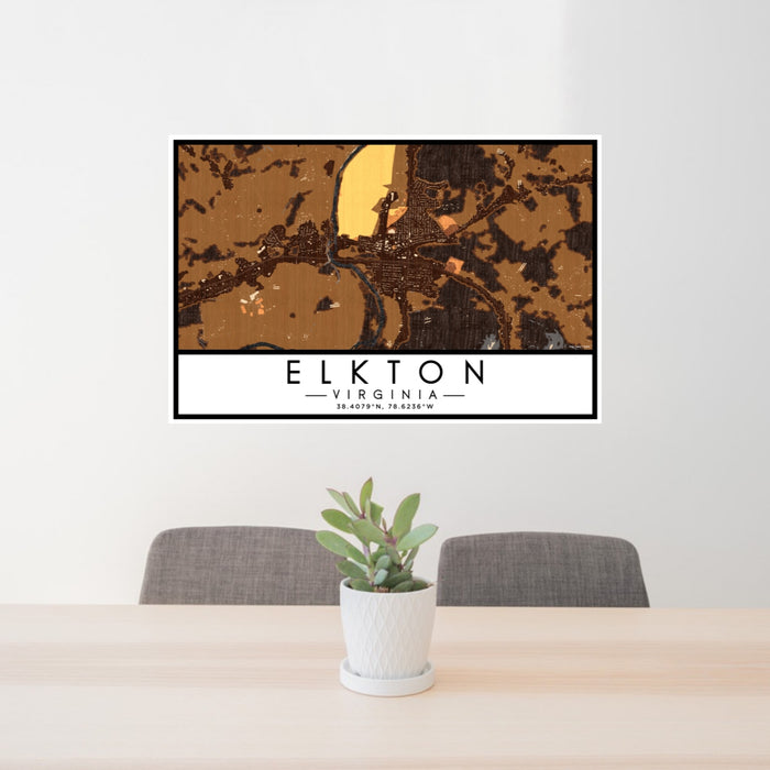 24x36 Elkton Virginia Map Print Lanscape Orientation in Ember Style Behind 2 Chairs Table and Potted Plant