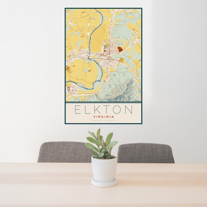 24x36 Elkton Virginia Map Print Portrait Orientation in Woodblock Style Behind 2 Chairs Table and Potted Plant