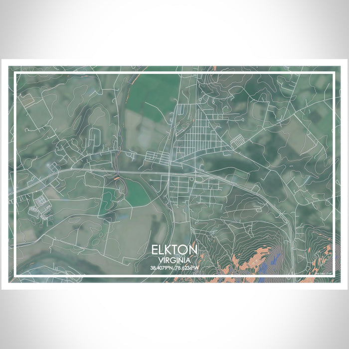 Elkton Virginia Map Print Landscape Orientation in Afternoon Style With Shaded Background