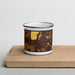 Front View Custom Elkton Virginia Map Enamel Mug in Ember on Cutting Board