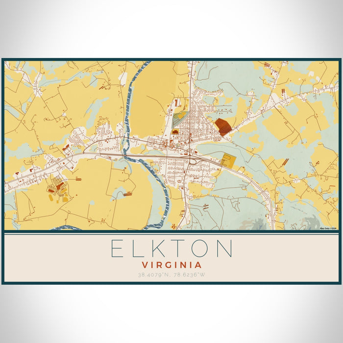 Elkton Virginia Map Print Landscape Orientation in Woodblock Style With Shaded Background
