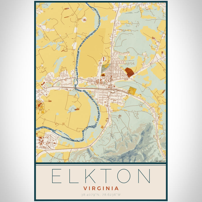 Elkton Virginia Map Print Portrait Orientation in Woodblock Style With Shaded Background