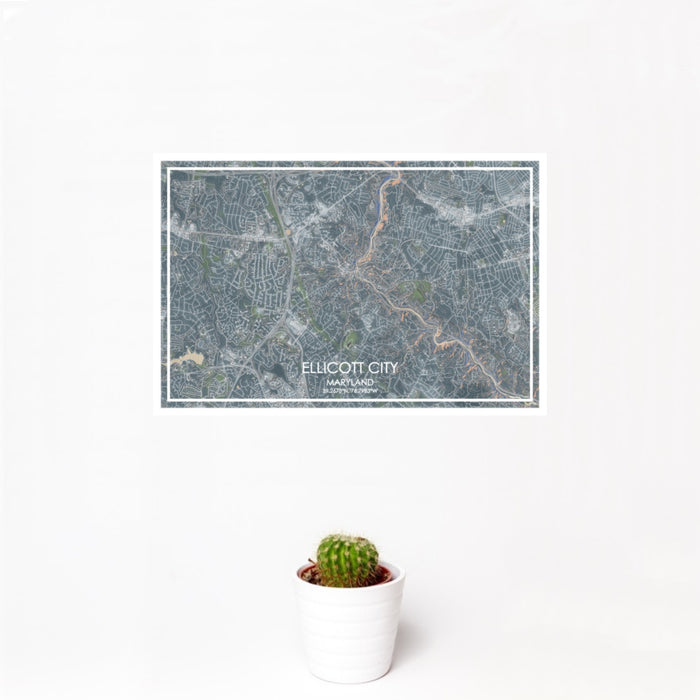 12x18 Ellicott City Maryland Map Print Landscape Orientation in Afternoon Style With Small Cactus Plant in White Planter