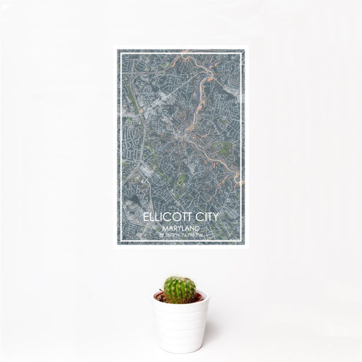 12x18 Ellicott City Maryland Map Print Portrait Orientation in Afternoon Style With Small Cactus Plant in White Planter
