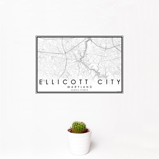 12x18 Ellicott City Maryland Map Print Landscape Orientation in Classic Style With Small Cactus Plant in White Planter