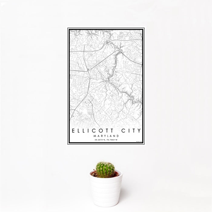 12x18 Ellicott City Maryland Map Print Portrait Orientation in Classic Style With Small Cactus Plant in White Planter