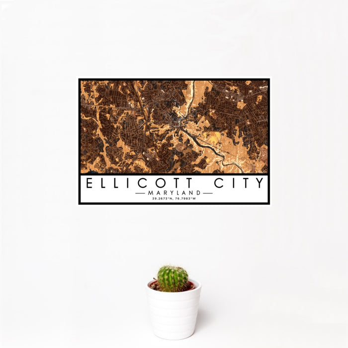 12x18 Ellicott City Maryland Map Print Landscape Orientation in Ember Style With Small Cactus Plant in White Planter