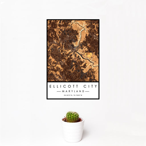 12x18 Ellicott City Maryland Map Print Portrait Orientation in Ember Style With Small Cactus Plant in White Planter