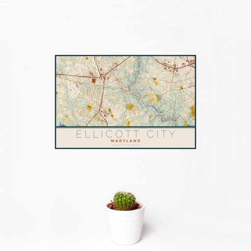 12x18 Ellicott City Maryland Map Print Landscape Orientation in Woodblock Style With Small Cactus Plant in White Planter