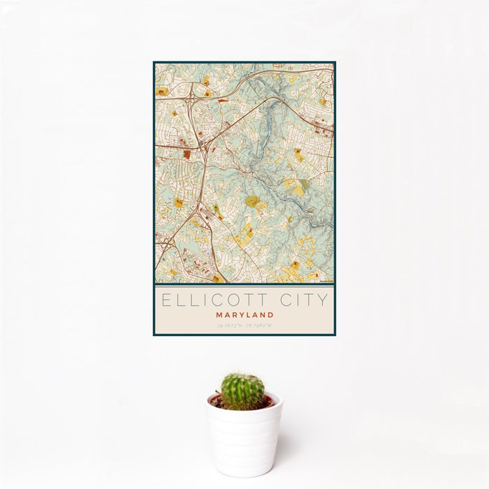 12x18 Ellicott City Maryland Map Print Portrait Orientation in Woodblock Style With Small Cactus Plant in White Planter