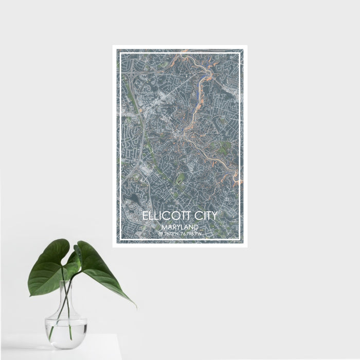 16x24 Ellicott City Maryland Map Print Portrait Orientation in Afternoon Style With Tropical Plant Leaves in Water