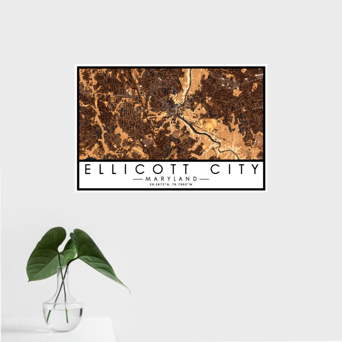 16x24 Ellicott City Maryland Map Print Landscape Orientation in Ember Style With Tropical Plant Leaves in Water