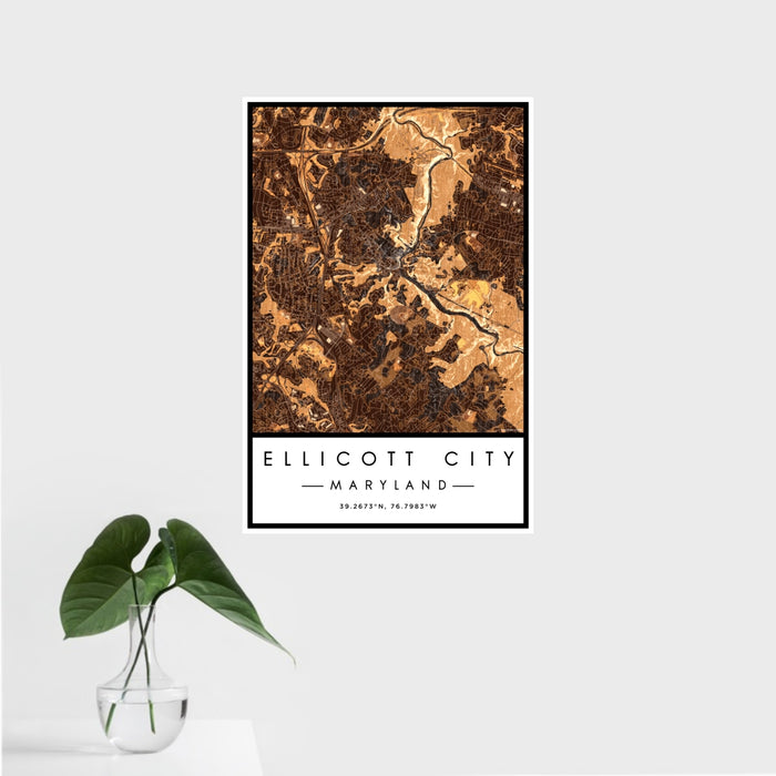 16x24 Ellicott City Maryland Map Print Portrait Orientation in Ember Style With Tropical Plant Leaves in Water