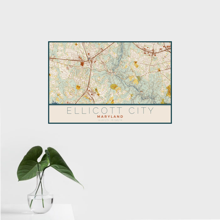 16x24 Ellicott City Maryland Map Print Landscape Orientation in Woodblock Style With Tropical Plant Leaves in Water