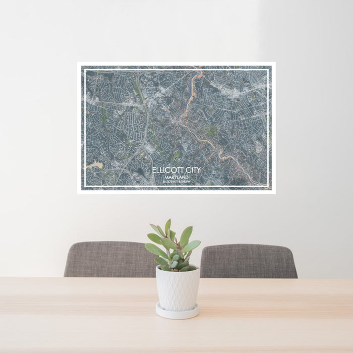 24x36 Ellicott City Maryland Map Print Lanscape Orientation in Afternoon Style Behind 2 Chairs Table and Potted Plant