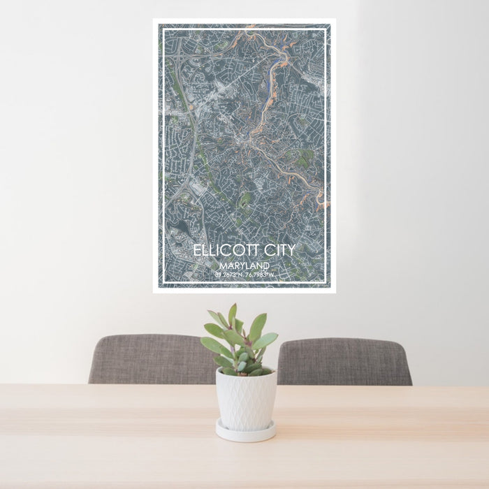 24x36 Ellicott City Maryland Map Print Portrait Orientation in Afternoon Style Behind 2 Chairs Table and Potted Plant