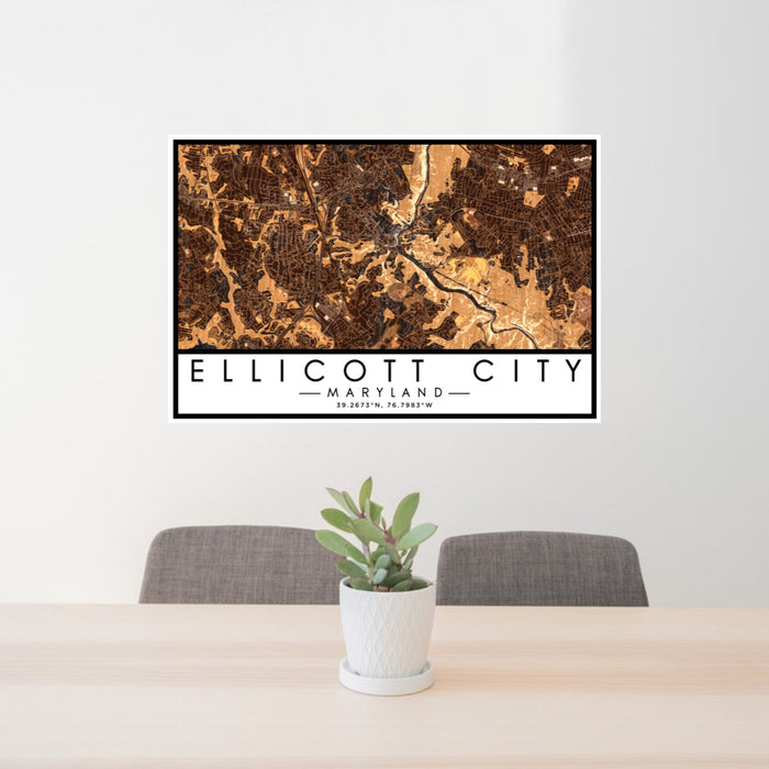 24x36 Ellicott City Maryland Map Print Lanscape Orientation in Ember Style Behind 2 Chairs Table and Potted Plant