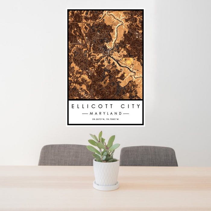 24x36 Ellicott City Maryland Map Print Portrait Orientation in Ember Style Behind 2 Chairs Table and Potted Plant
