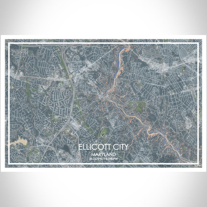 Ellicott City Maryland Map Print Landscape Orientation in Afternoon Style With Shaded Background
