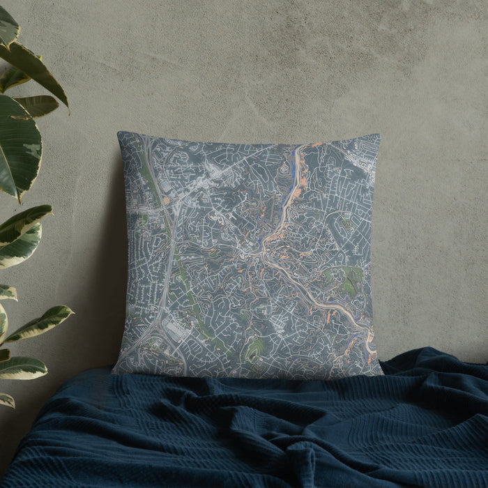 Custom Ellicott City Maryland Map Throw Pillow in Afternoon on Bedding Against Wall