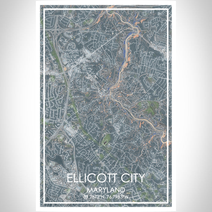 Ellicott City Maryland Map Print Portrait Orientation in Afternoon Style With Shaded Background