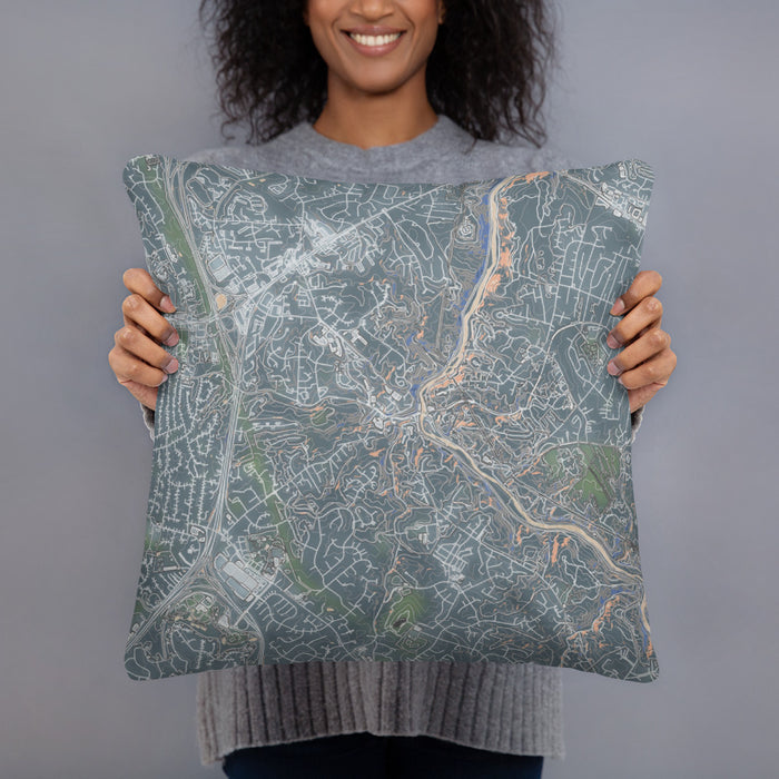 Person holding 18x18 Custom Ellicott City Maryland Map Throw Pillow in Afternoon