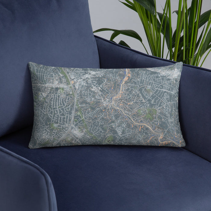 Custom Ellicott City Maryland Map Throw Pillow in Afternoon on Blue Colored Chair