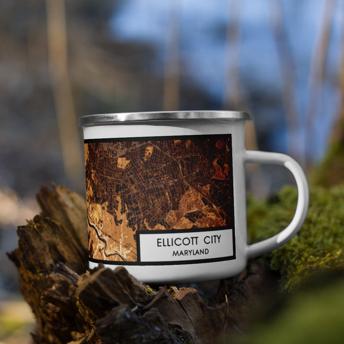 Right View Custom Ellicott City Maryland Map Enamel Mug in Ember on Grass With Trees in Background