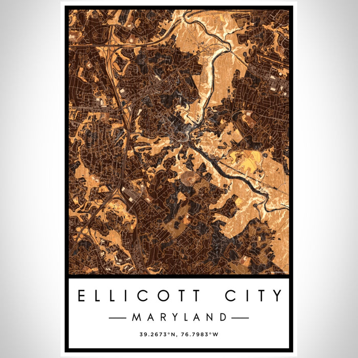 Ellicott City Maryland Map Print Portrait Orientation in Ember Style With Shaded Background