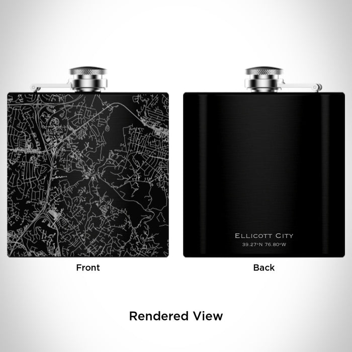 Rendered View of Ellicott City Maryland Map Engraving on 6oz Stainless Steel Flask in Black
