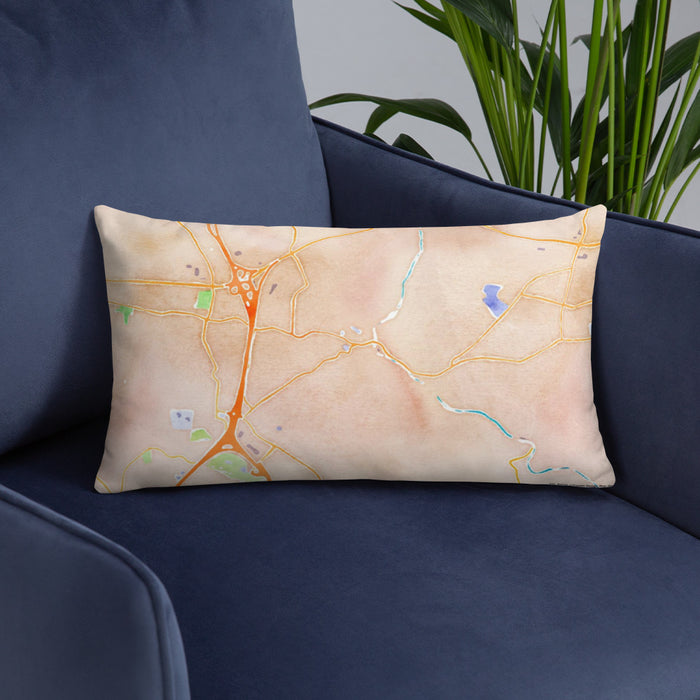 Custom Ellicott City Maryland Map Throw Pillow in Watercolor on Blue Colored Chair