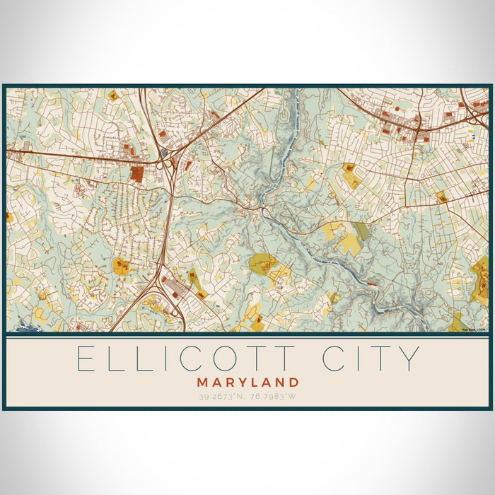 Ellicott City Maryland Map Print Landscape Orientation in Woodblock Style With Shaded Background