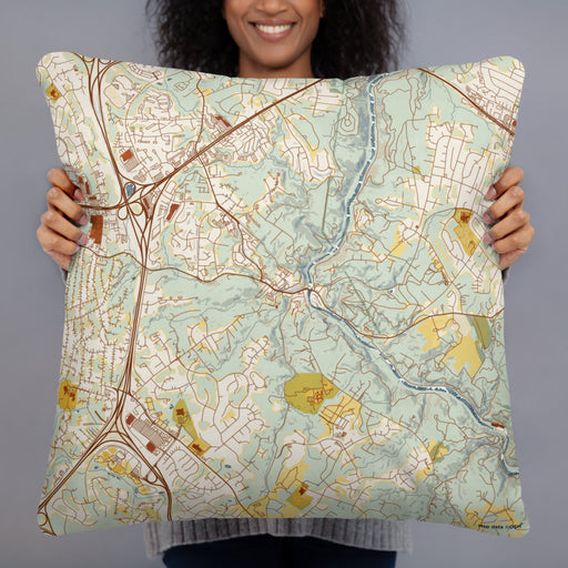 Person holding 22x22 Custom Ellicott City Maryland Map Throw Pillow in Woodblock