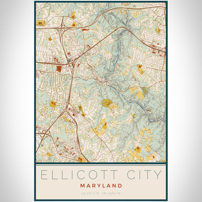 Ellicott City Maryland Map Print Portrait Orientation in Woodblock Style With Shaded Background