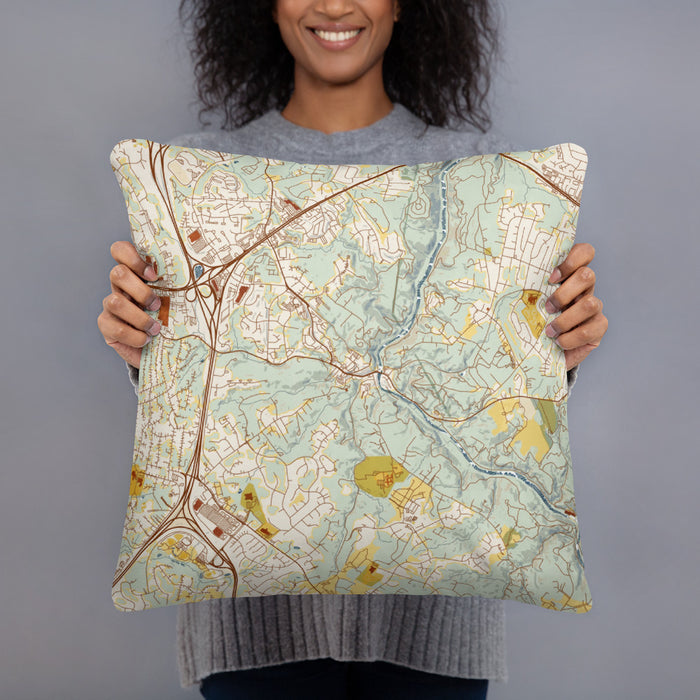 Person holding 18x18 Custom Ellicott City Maryland Map Throw Pillow in Woodblock