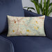 Custom Ellicott City Maryland Map Throw Pillow in Woodblock on Blue Colored Chair
