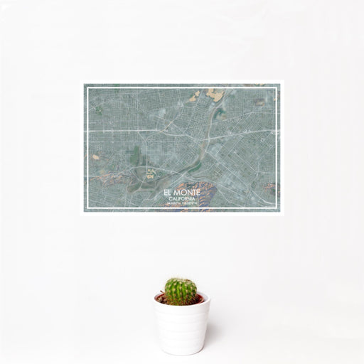 12x18 El Monte California Map Print Landscape Orientation in Afternoon Style With Small Cactus Plant in White Planter