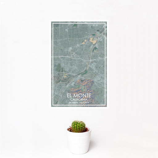 12x18 El Monte California Map Print Portrait Orientation in Afternoon Style With Small Cactus Plant in White Planter