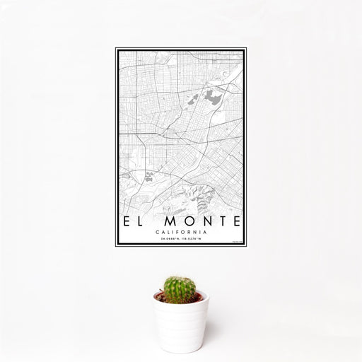 12x18 El Monte California Map Print Portrait Orientation in Classic Style With Small Cactus Plant in White Planter